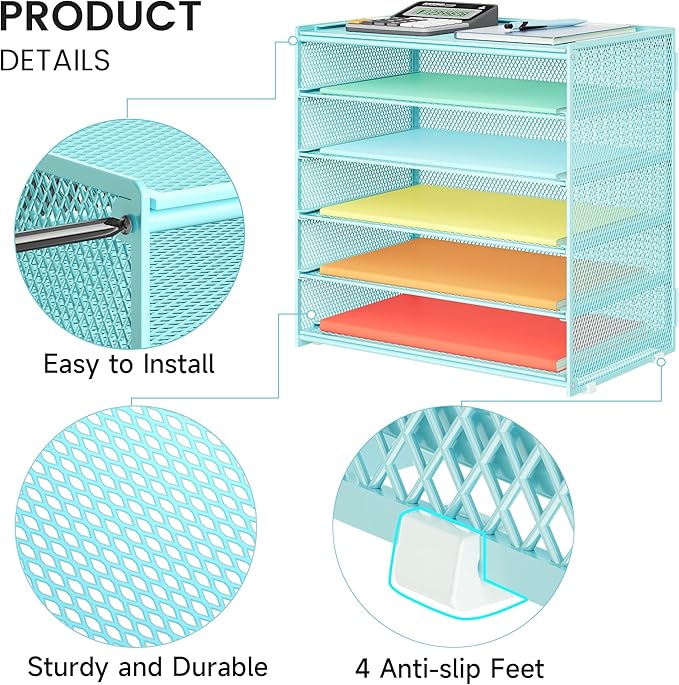2 Pack 6 Tier Paper Organizer, Metal Mesh Desk File Folder, Letter Tray Organizer, Paper Sorter Desk Organizers for Office, Home or School File Folder Holder - Blue