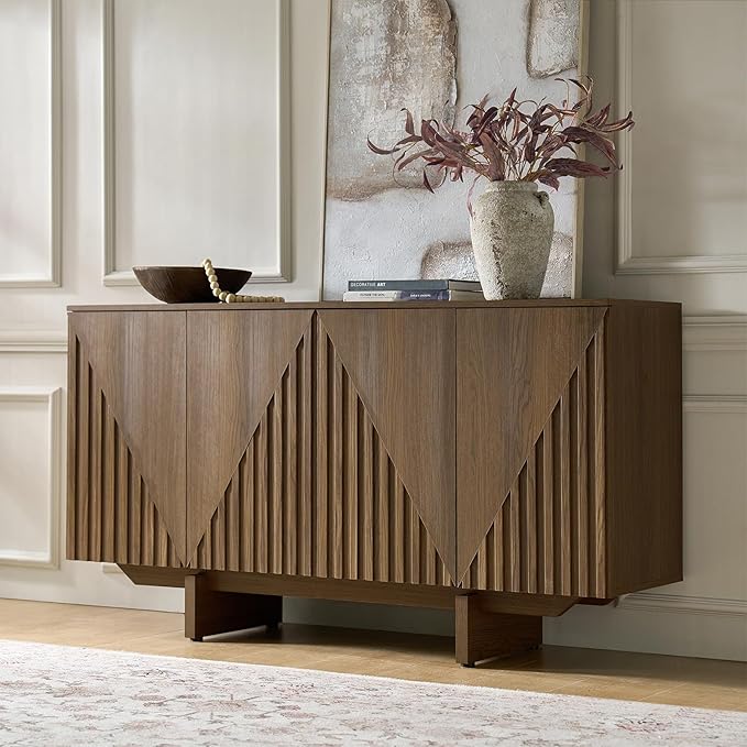 HULALA HOME Mid Century Modern Solid Wood Sideboard with Triangle, 4 Door Fluted Buffet Cabinet with Storage, 58" Sideboard Cabinet with Adjustable Shelves, Walnut