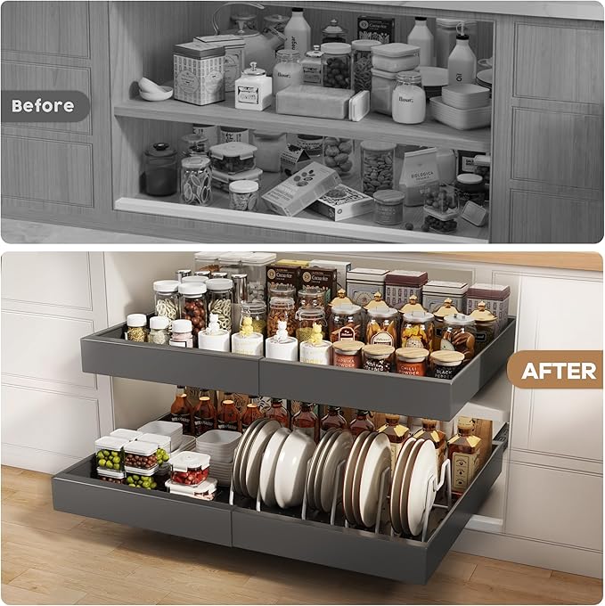 Seinloes 2 Pack Pull out Cabinet Organizer 21" Deep With Raising Pad for Framed Cabinets,Expandable (15.2"-26.3"W) Slide out Drawers for Kitchen Cabinets with 4pcs Divider Racks,Roll out Shelves,Black