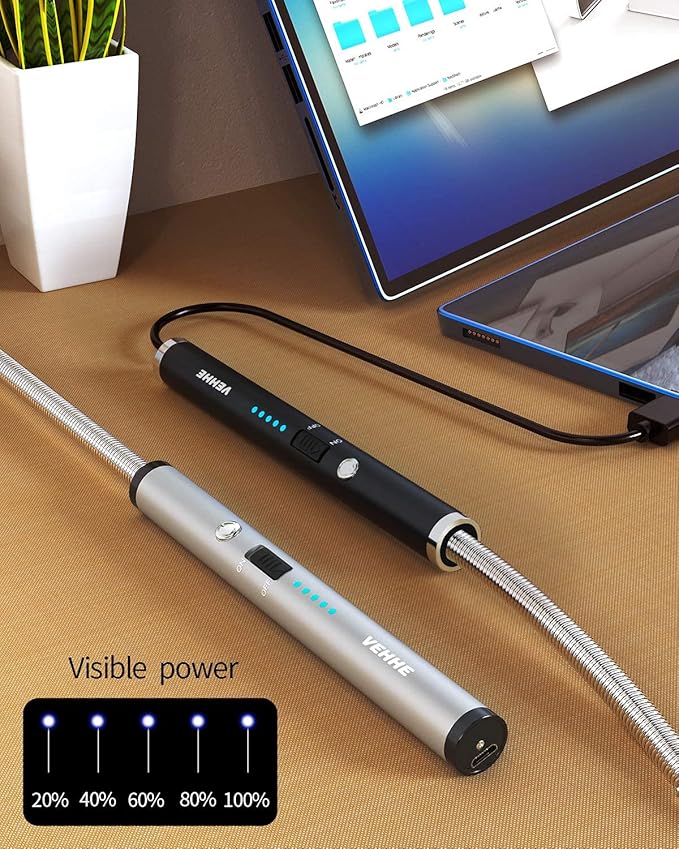 VEHHE Candle Lighter, 2 Pack Rechargeable Electric Lighter with LED Battery Display Safety Switch, Flexible Neck USB Lighters for Candles Camping Grill Gas Stoves Cooking (Black and Silver)