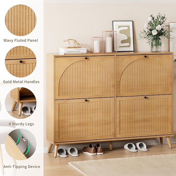 Fsbecl Shoe Storage Cabinet for Entryway with 4 Flip Drawers, Narrow Shoe Organizer with Fluted Panel, Freestanding Wood Hidden Shoe Cabinet (Wood Color, 4 Flip Drawers)
