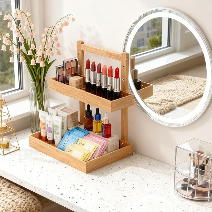 2-Tier Under Sink Pull Out Organizer, Bamboo Cabinet Storage Shelf with Adjustable Height, Slide Out for Kitchen Bathroom Pantry Cabinet