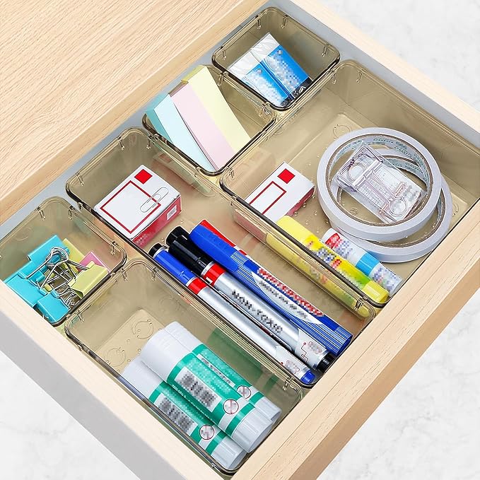StorMiracle 23 PCS Drawer Organizer Set, 5 Varied Size Bathroom and kitchen Drawer cabinet organizer Trays, Clear Storage Bins for Makeup, Jewelry, Utensils and Gadgets, Champagne