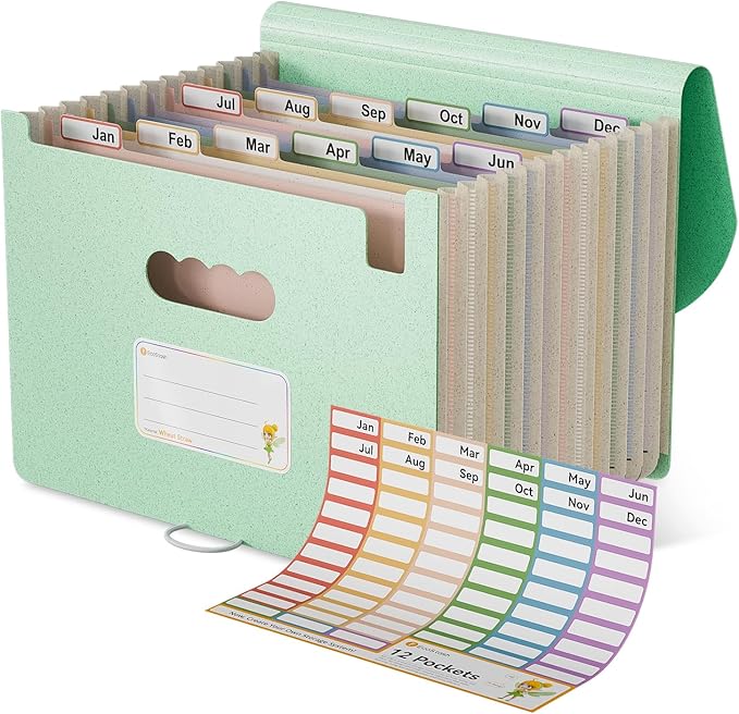 EcoStash Accordion File Organizer, 12-Pocket Wheat Straw Expanding File Folder, Portable Monthly Bill & Tax Receipt Organizer, Letter/A4 Size Document Holder with Colorful Tabs-Mint Green