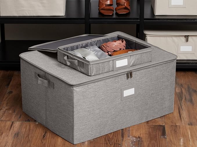 Covermates Keepsakes Zip-Top Storage Box Set, 3 Pack Heavy Duty Polyester Organizer Bins, Stackable Design, ID Window, Reinforced Handles, Closet Home Storage, Grey Heather