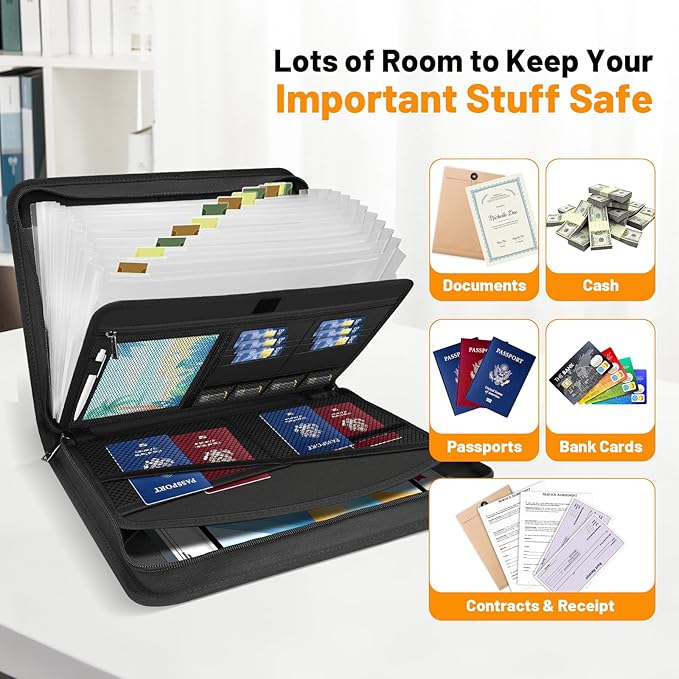 Accordion File Organizer-13 Pocket Fireproof Expanding Document Folder with Handle & Labels, Portable&Expandable Home/Office/Travel Binder Storage Safe for Important A4 Papers Letter