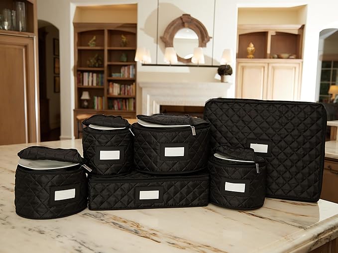 Covermates Keepsakes Dish Storage Set – Padded China & Dinnerware Storage Cases with Dividers, Cup & Stemware Storage, Quilted Polyester Protection, ID Window, Black