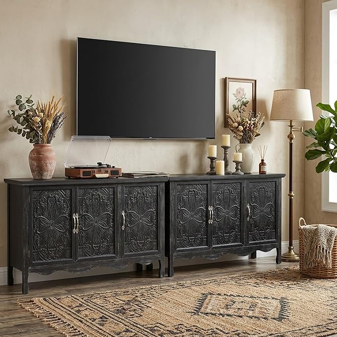 RoyalCraft Buffet Cabinet with Storage, Vintage Solid Wood Sideboard with 3 Carved Doors, Painted Coffee Bar Console Table for Dining Room, Living Room, Kitchen, Distressed Black