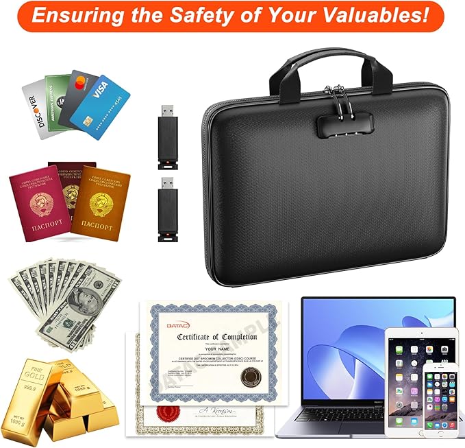 Fireproof File Organizer,Fireproof Document Box with Lock,Large 13 Pocket Expanding File Folder,Hard-Shell Portable Safe Storage for Letter/Legal Document,Laptop,Valuables-Black