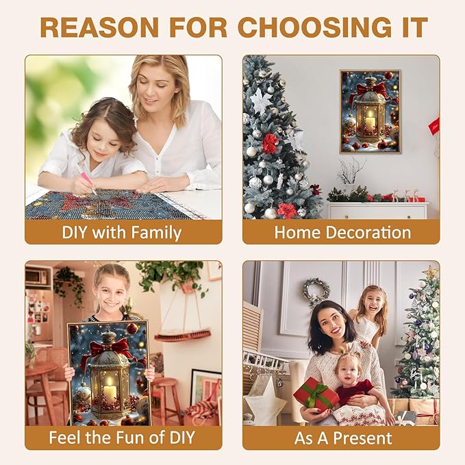 MEIYUDA Christmas Diamond Painting Kits for Adults, 5D Christmas Candles Diamond Art Kits for Adult Beginners, Vintage DIY Full Diamond Art Painting Kit for Home Wall Decor Gift 12x16inch