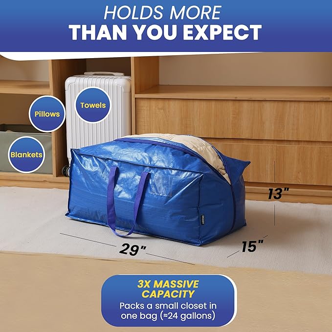 AXIESO Extra Large Moving Bags - 6-Pack Heavy Duty Storage Duffel - Sturdy Backpack Straps Handles, Zippers - Reusable Moving Storage Bags for Clothes - Folding Collapsible Storage Tote Bag Set – Blue