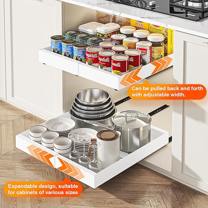 LEGUANG Expandable Pull-Out Cabinet Organizers (12.6-20.4" W x 21" D) - Upgraded 3 Quiet Slide Rails, Nano-Film Adhesive Fixing, White, Fit Kitchen/Living Room/Bathroom/Vanity