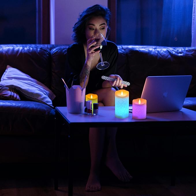 NICEME Rechargeable Color Changing Candles with Remote Timer USB Cable 3PCS LED Multi Colored Flameless Candles Battery Operated Real Wax USB Pillar Candles Flickering for Halloween Christmas Decor