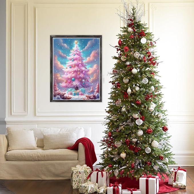 DOMROM Christmas Diamond Painting Kits, Pink Christmas Tree 5D Diamond Art Kits,Gem Art Painting with Diamonds Dots, Arts and Crafts for Beginners Adult Wall Decor 12 x 16inch