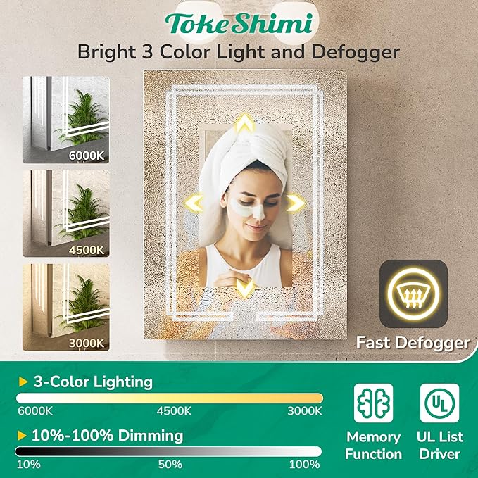 TokeShimi 40x32 Inch LED Medicine Cabinet with Lighted Mirror, 3 Color Stepless Dimming Bathroom Cabinet with Defogger Tempered, CRI 80+, Anti-Fog, Memory Funtion, Wall Lit Mirror with Storage