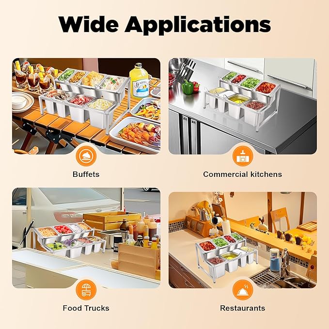 Expandable Spice Rack, Countertop Condiment Stand Holder with Pans and Lids,Stainless Steel Organizer Shelf for Seasonings Sauces Side Dishes Fruits Kitchen Pantry (4*1/9 Pans + 4*1/6 Pans)