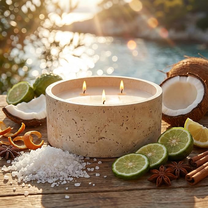 Scented Candle - Sea Salt & Bergamot & Coconut, 21 oz. 3 Wick Scented Candle Made with Coconut Oil and Soy Blend Wax | Acacia Wood Lid