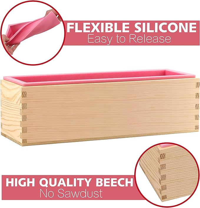 Lerykin Rectangular Soap Mold - 42oz Flexible Silicone Loaf Soap Mold with Wood Box for Making Craft Soap Homemade DIY Tool