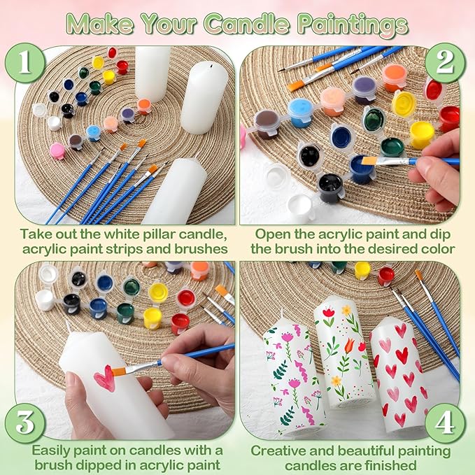 MTLEE 48 Pcs DIY Candle Painting Kit Include White Candles Colorful Acrylic Paint Strips and Paintbrushes for Crafts Making Wedding Birthday Party Centerpiece (Pillar)