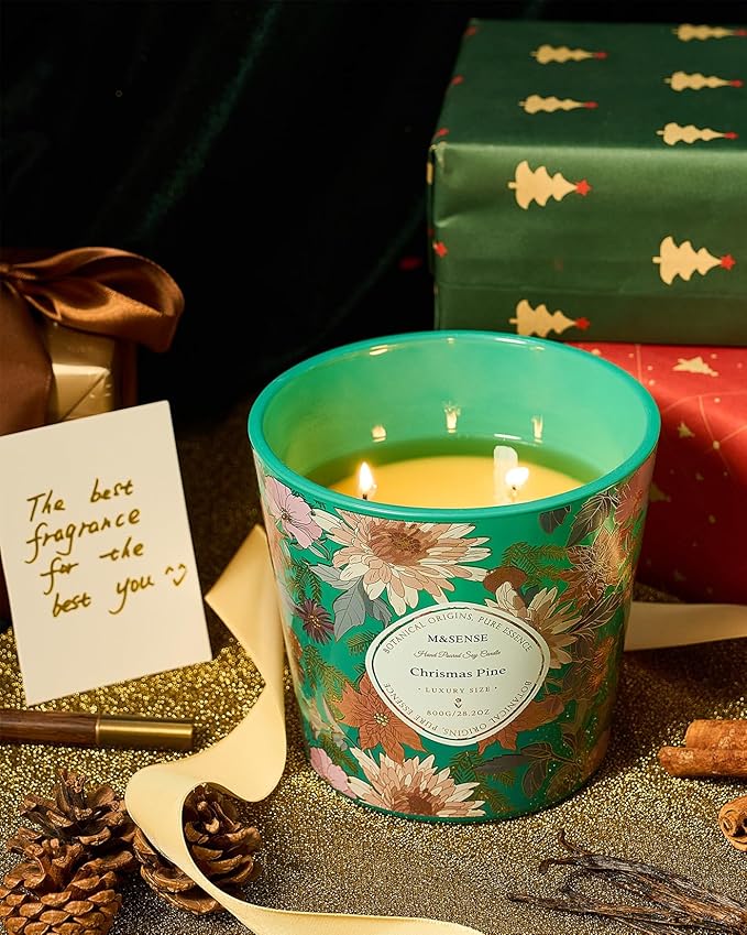 M&SENSE Christmas Pine Scented Candle, 28.2oz 3 Wick Natural Soy Wax Large Candles, Long Lasting Clean Slow Burning No Toxic Décor for Women Men, Romantic Dates & Gift-Giving