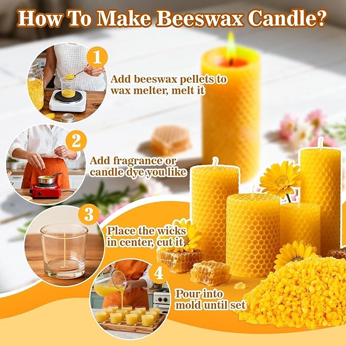 CARGEN Yellow Beeswax Pellets- 430g (0.95lb) Beeswax Pellets Triple-Filtered Natural Bees Wax Cosmetic Grade Bee Wax for DIY Candles Skin Care Lip Balm Soap