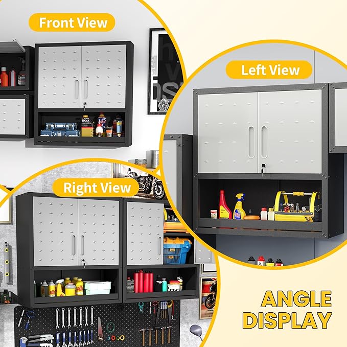 Garage Storage Cabinets Wall Mount, Locking Metal Wall Cabinets with Doors and Adjustable Shelves, Floating Hanging Storage Cabinet for Garage, Basement, Warehouse