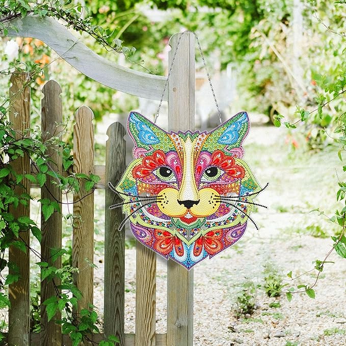 Colorful Leopard Head Diamond Art Hanging Pendant with LED Light String DIY 5D Panther Diamond Art Painting Wreath Hanging Sign Special Shape Beads by Number Stitch Kits for Home Wall Room Door Decor