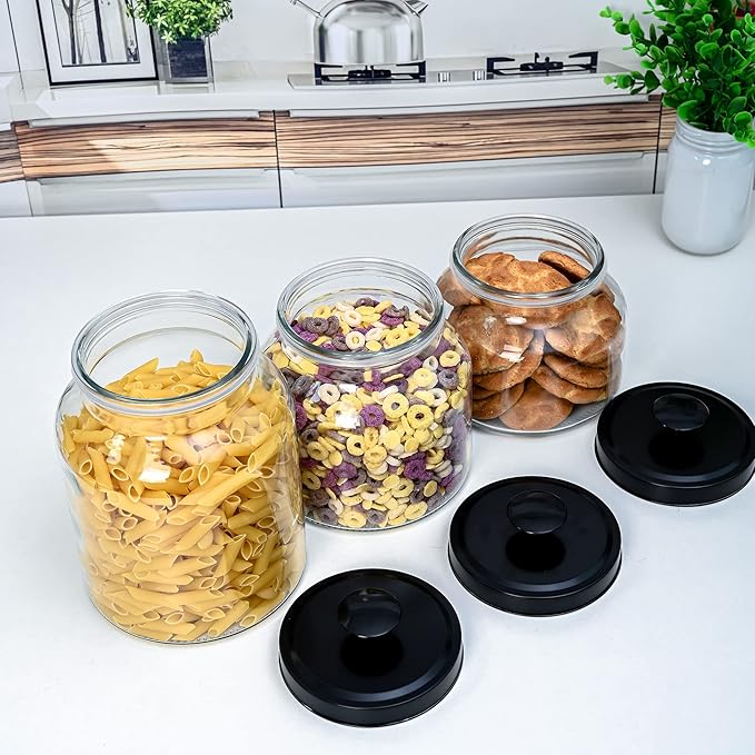 Hyperspace Clear Glass Kitchen Canister Set, Cookie Jar, Food Storage Container, Bathroom Jar with Metal Airtight Lid (Black)