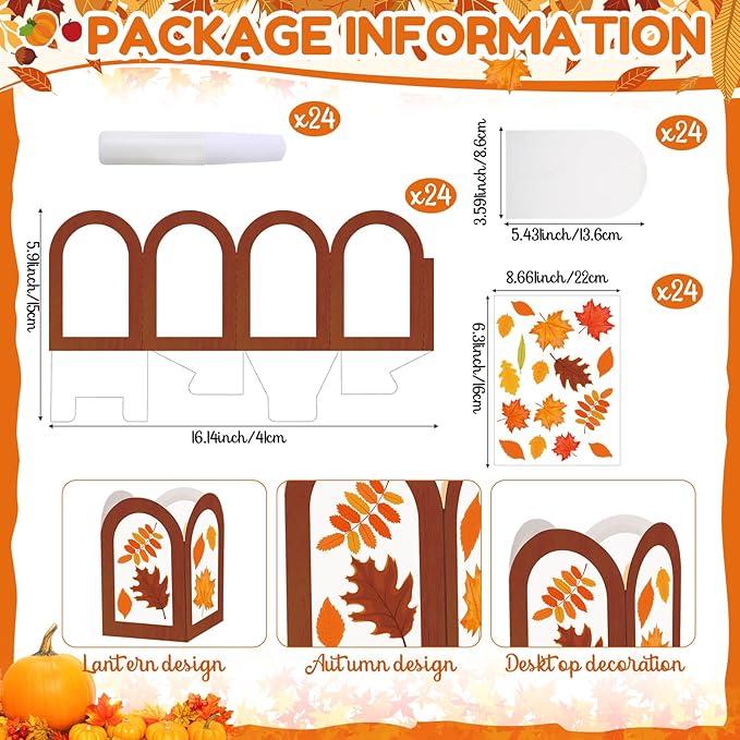 Marspark 24 Sets Thanksgiving Crafts Bulk Turkey Maple Leaf Fall Craft Paper Lanterns Kit DIY Harvest Autumn Lanterns for Home Art Activities Party Decorations(Maple Leaf)