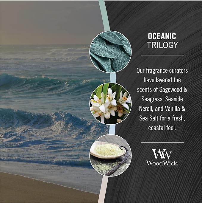 WoodWick Oceanic Trilogy Gifts for Women and Men, 21.5 oz Large Hourglass Trilogy Candle with Crackling Wick