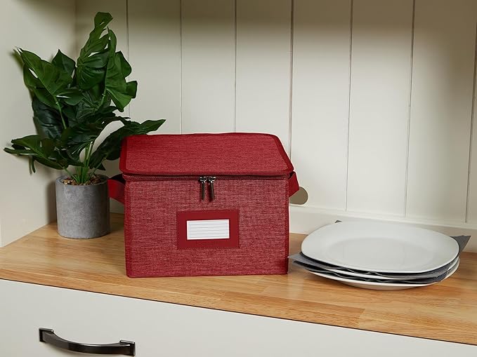 Covermates Dish Storage Box Set – China & Dinner Plate Storage Containers with Felt Dividers, Dual Zippers, Reinforced Handles, ID Window & Stackable Design, Red Heather