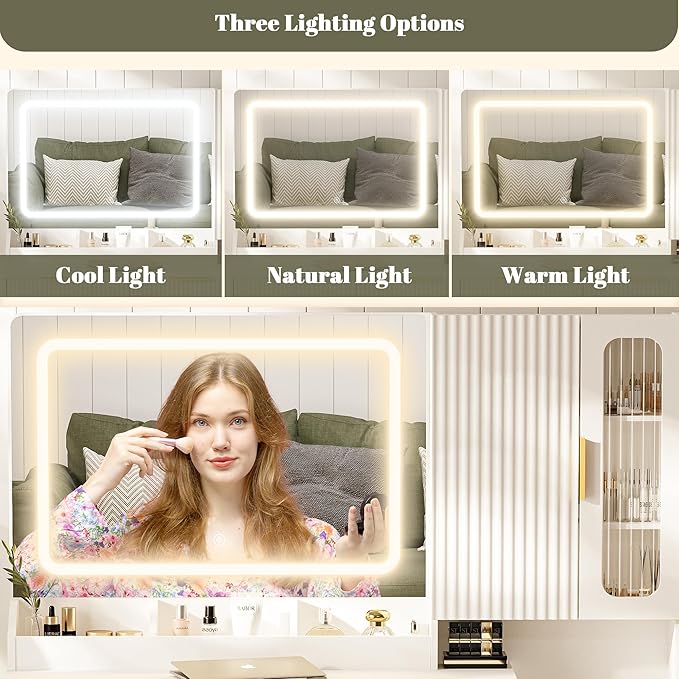 Makeup Vanity Desk with Mirror and Lights, Makeup Desk with 5 Shelves& 2 Storage Cabinet, Vanity Table with Power Outlet, 3 Color Adjustable Lighting Dressing Table Set for Bedroom