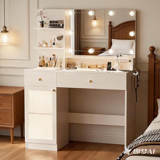 INNOD Vanity Desk with Large Mirror and Lights, Glass Top Makeup Vanity Set with Power Outlet, Drawers and Cabinet, 3 Lighting Color Adjustable Dressing Table for Bedroom,White