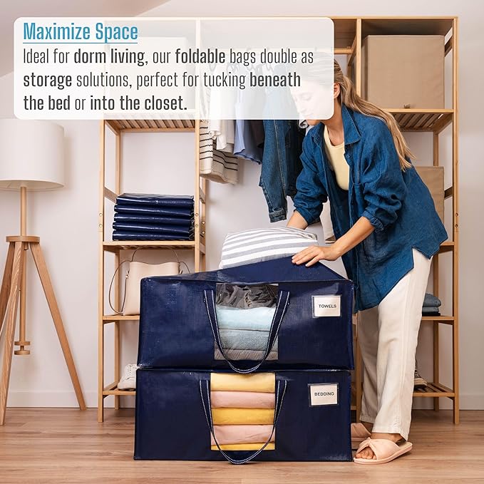 VENO 8 Pack Heavy Duty Moving Bags, Christmas Storage Bins with Lids, Transparent Window Design, Alternative to Moving Boxes, Storage Bags for Clothes, Blankets, Comforters, Pillows (Blue, 8 Pack)