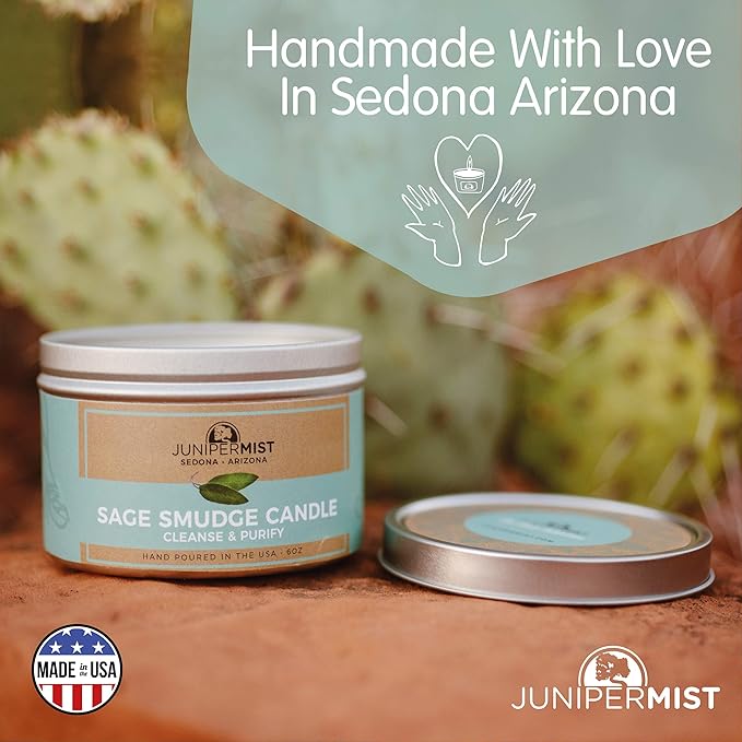 Sage Candle (6 Oz) - for Meditation & Cleansing Negative Energy - Made in USA with Soy Wax, Essential Oils, Real Sage - Smokeless Alternative to Smudge Sticks