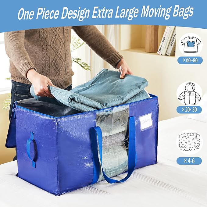 4 Pack Moving Bags Heavy Duty, Large Storage Bags with Visible Window and Zipper, Stronger Wrap-Around Handle and Waterproof Material, Clothes and Blankets Storage, Alternative to Moving Boxes