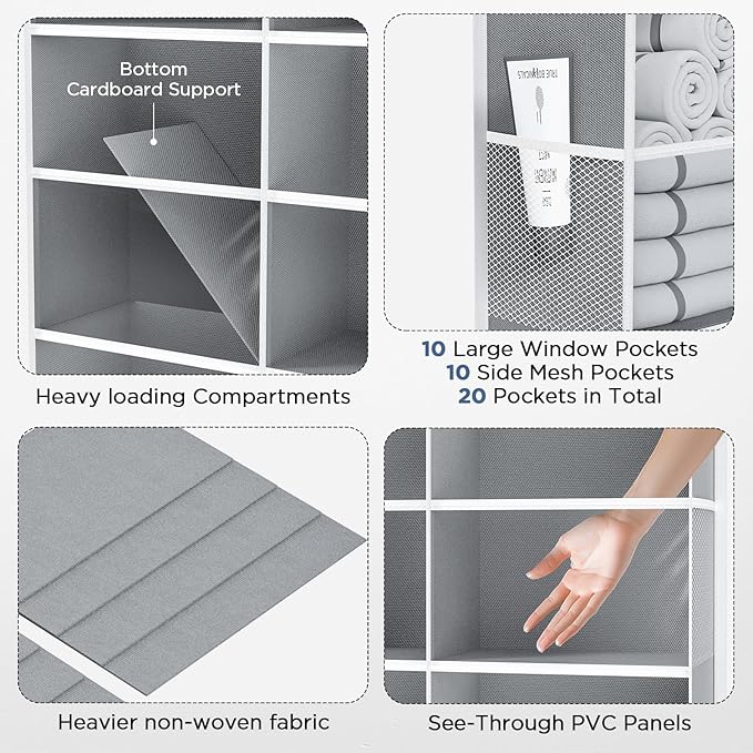 2 Pack 5-Tier Over The Door Organizer with 10 Side Mesh Pockets & Clear Windows, 80 lbs Weight Capacity Hanging Storage for Bathroom, Bedroom, Nursery, Kitchen, Organize Shoes, Diapers(Clear Grey)