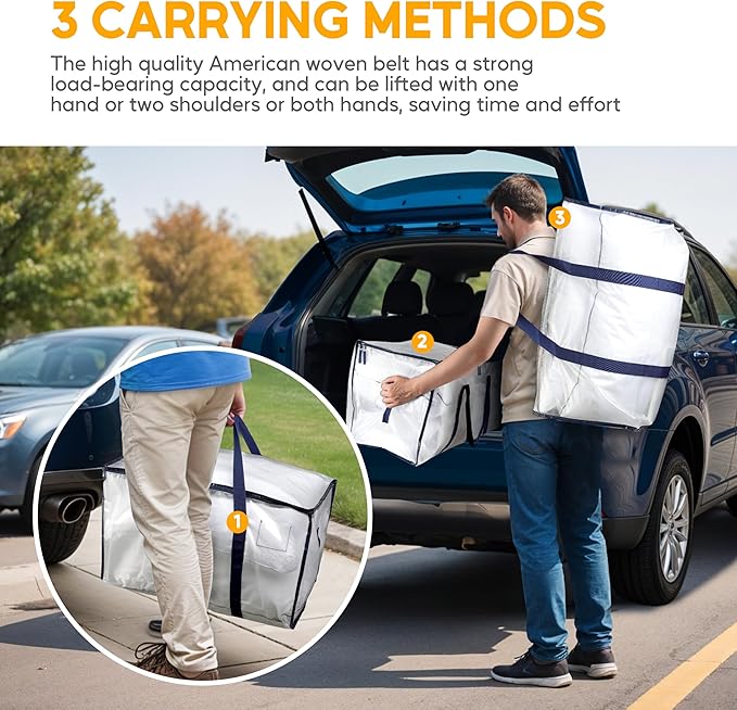 HealSmart 6 Pack Large Moving Bags with Zippers & Handles, Moving Supplies with lids, Heavy Duty Totes for Space Saving, Fold Flat, Moving and Storing, Clear