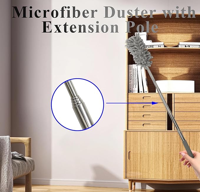 zdyCGTime Microfiber Duster for Cleaning Hand, Washable Dusters&Replaceable Microfiber Head, Extendable Pole, Used to Cleaning Offices, Furniture, Cars, Air Conditioners and Ceiling Fans(4Pack/Grey)
