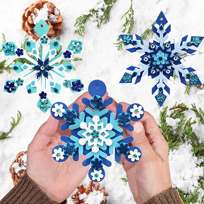 MLOLM 30 Sets Winter Snowflake Crafts Kit DIY 3D Snowflake Ornament Craft Kits Make Your Own Snowflake Sticker for Winter Christmas Holiday Frozen Home Activities Party Favors