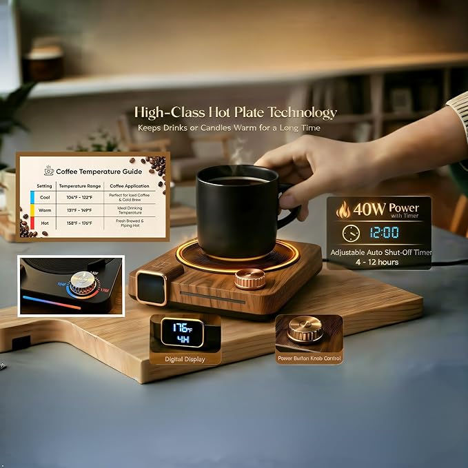 Coffee Mug Warmer for Desk, 40W Electric Cup Warmer with Digital Display, 9 Temp Settings, 1–12H Timer & Auto On/Off, LED Display Candle & Beverage Warmer Plate.