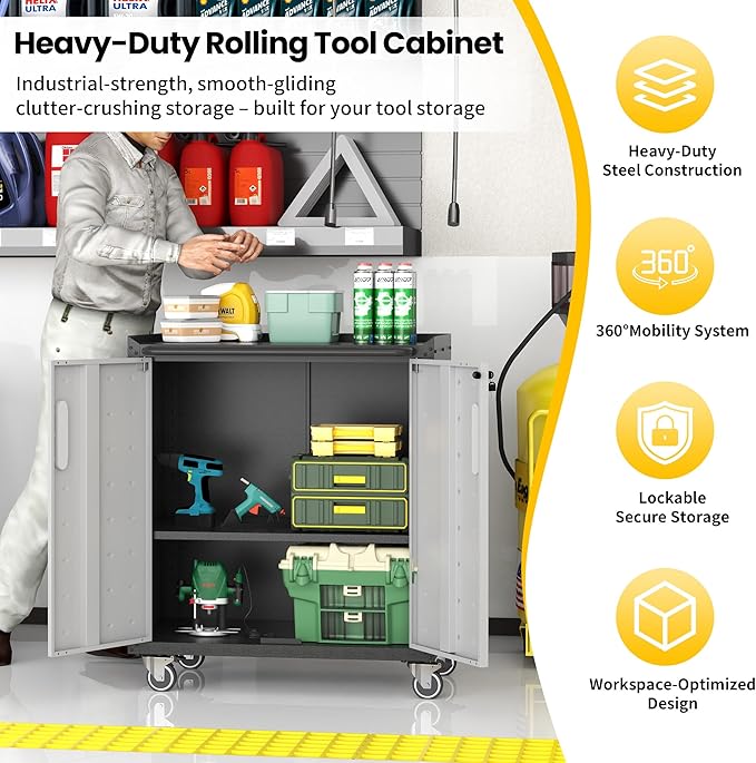 Garage Storage Cabinets with Wheels, Locking Metal Storage Cabinets with Doors and Adjustable Shelves, Easy Assembly Tool Cabinet for Garage, Basement,Warehouse