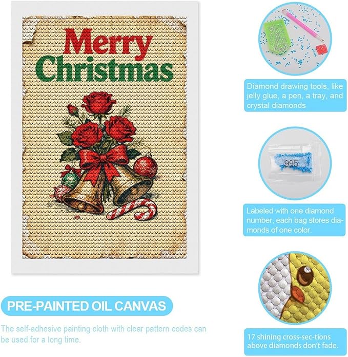 AIVKIEJK Diamond Painting Kits for Adults - Merry Christmas Santa, Holly & Vintage Painting DIY 5D Full Drill Diamond Dots Paintings with Diamonds Gem Art and Crafts Home Decor 8"x12"