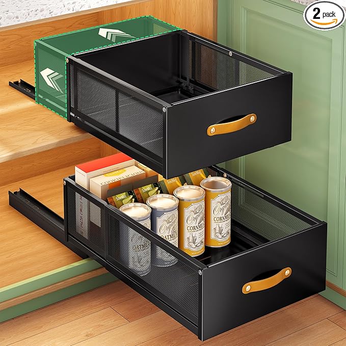 Pull out Cabinet Organizer, 2-Pack Expandable Depth(15.7"-21.7") with Raising Pad for Framed Cabinets, Heavy Duty Slide out Drawers,Roll Out Shelves for Kitchen, Pantry Organizers and Storage(Black)