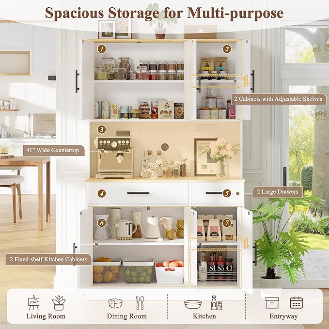 Vongrasig Farmhouse Pantry Cabinet with Charging Station, Tall Kitchen Pantry with Microwave Stand, Storage Drawers & Shelves, Large Kitchen Hutch for Living Room, Dining Room, White