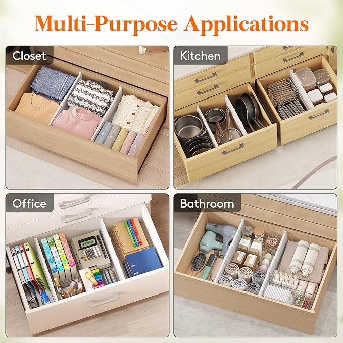 Lifewit 8" Tall 6 Pack Drawer Dividers, 35-56.5cm/13.8-22.2" Expandable Drawer Divider for Clothes, Adjustable Dresser Drawer Organizers, Drawers Separators for Dresser/Bathroom/Closet/Kitchen White
