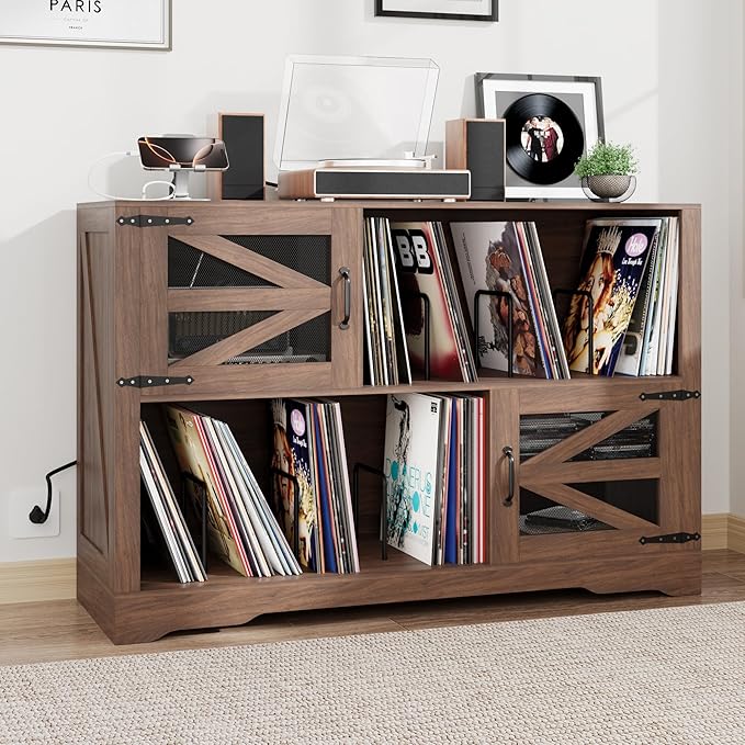 Large Record Player Stand with Vinyl Storage, 500+ Vinyl Record Storage Cabinet, 47 Inch Record Player Table with Power Outlet, Farmhouse Wooden Turntable Stand for Living Room, Walnut