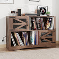 Large Record Player Stand with Vinyl Storage, 500+ Vinyl Record Storage Cabinet, 47 Inch Record Player Table with Power Outlet, Farmhouse Wooden Turntable Stand for Living Room, Walnut