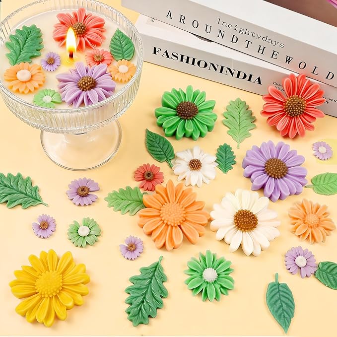 4 Pack Daisy Silicone Molds with Leaf Mold, Set of Large + Medium + Small + Mini Daisy Flower Molds for Candles Wax Soap Epoxy Resin Plaster Fondant Chocolate Cake Cupcake Topper Decoration