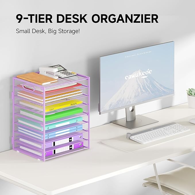 Cawukege 9 Tier Paper Organizer with Handle, Purple Large Capacity Desk Organizer Mesh File Folder Letter Paper Tray Desktop Document Sorter for Classroom, School, and Office Accessories Organization